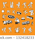 Music party dancing characters graffiti lettering hand drawn doodles vector background 132418233