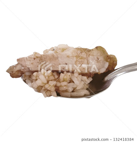 Spoon grilled pork rice closeup white background meal savory minimal style with clean aesthetic 132418384