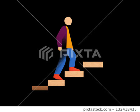 Minimalist illustration of person ascending wooden steps on black background, portraying progress and determination with warm colors and simple geometric shapes Minimalist illustration of person ascending wooden steps on black background, portraying progress and determination with warm colors and simple geometric shapes 132418433