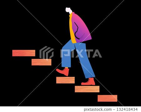 Person climbing wooden steps upward wearing colorful jacket and jeans, stepping confidently with hands in pocket and thoughtful expression 132418434