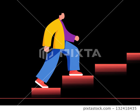 Person in colorful clothing walks up red gradient steps on black background, symbolizing progress and idea driven ambition in modern flat illustration Person in colorful clothing walks up red gradient steps on black background, symbolizing progress and idea driven ambition in modern flat illustration 132418435