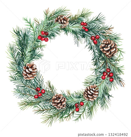Watercolor illustration of a festive wreath adorned with pinecones and red berries, featuring lush green foliage and a blank center. Isolated on transparent background. 132418492