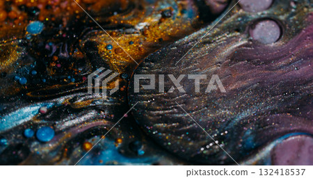 Ink stream. Oil bubbles. Defocused yellow blue purple color acrylic sparkling water glitter flow floating on abstract art background. Ink stream. Oil bubbles. Defocused yellow blue purple color acrylic sparkling water glitter flow floating on abstract art background. 132418537