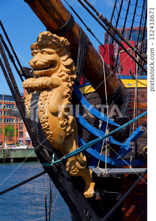 Worlds largest ocean going wooden sailing ship, replica of historic Swedish East Indiaman Gotheborg docked in harbor Eriksberg on May 12, 2025 in Gothenburg, Sweden. 132418671