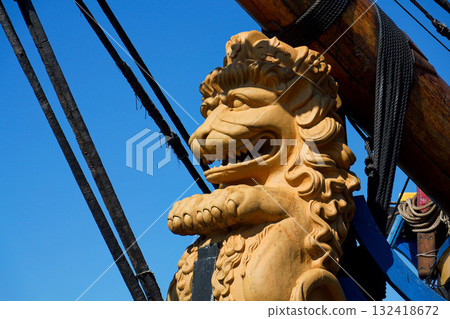 Worlds largest ocean going wooden sailing ship, replica of historic Swedish East Indiaman Gotheborg docked in harbor Eriksberg on May 12, 2025 in Gothenburg, Sweden. 132418672
