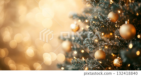 Close-up of a Christmas tree decorated with golden ornaments and warm string lights, featuring bright bokeh background. 132418840