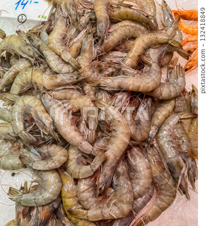 Fresh Raw Shrimp on Ice at Local Fish Market 132418849