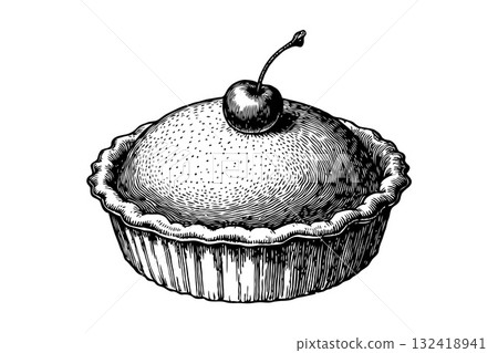 Detailed hand-drawn cherry pie with textured crust and cherry on top, in engraving style, isolated on white, concept of dessert illustration 132418941