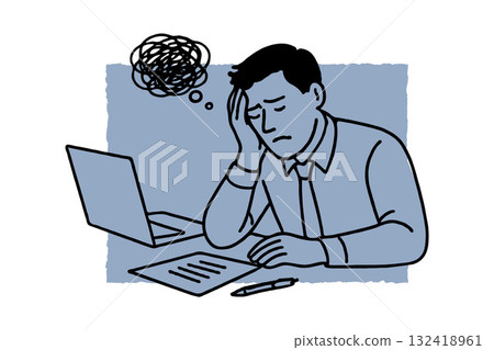 Frustrated office worker with thought cloud, hand on head, sitting at desk with laptop and paper, hand-drawn sketch on blue background 132418961