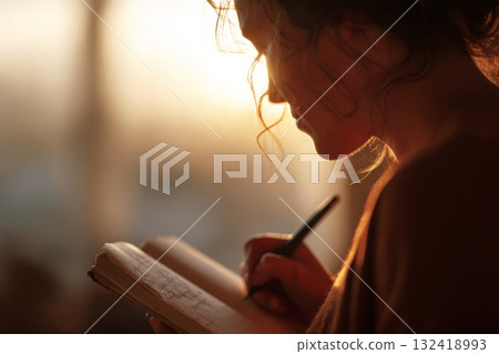 Close-up of woman writing in notebook 132418993