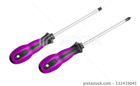 Two Screwdrivers Flat and Phillips with Ergonomic Handles Set Pink color on isolated background Two Screwdrivers Flat and Phillips with Ergonomic Handles Set Pink color on isolated background 132419045
