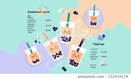 Vibrant and playful bakery menu concept with pastry icons, croissants, sweets, and tiny stars. Perfect for cozy cafes, dessert shops, or bakery branding. Generative AI. 132419174