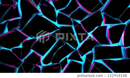 Dark broken glass fragments lit by neon glow, forming sharp cracks and glowing paths. Edgy and intense abstract. Generative AI. 132419198