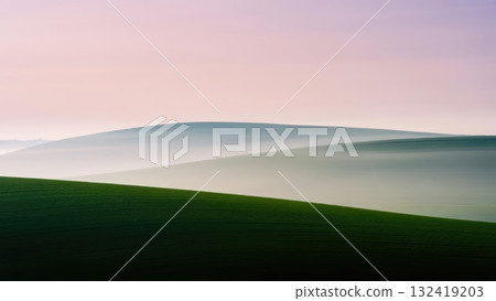 Gentle rolling hills in pastel green and lavender tones. Soft and minimal scenery for tranquil phone backgrounds. Generative AI. Gentle rolling hills in pastel green and lavender tones. Soft and minimal scenery for tranquil phone backgrounds. Generative AI. 132419203