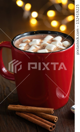 Red mug of hot chocolate with marshmallows and cinnamon on a warm wooden table. Cozy holiday aesthetic for seasonal phone backgrounds. Generative AI. Red mug of hot chocolate with marshmallows and cinnamon on a warm wooden table. Cozy holiday aesthetic for seasonal phone backgrounds. Generative AI. 132419225