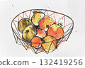 Watercolor and liner illustration of pomegranates in a wire basket 132419256