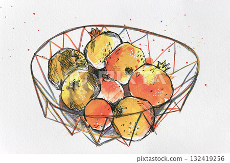 Watercolor and liner illustration of pomegranates in a wire basket Watercolor and liner illustration of pomegranates in a wire basket 132419256