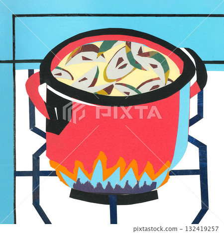 Paper collage of apple compote pot on a gas stove 132419257