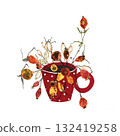 Handmade paper collage of rose hips in a red vintage cup 132419258