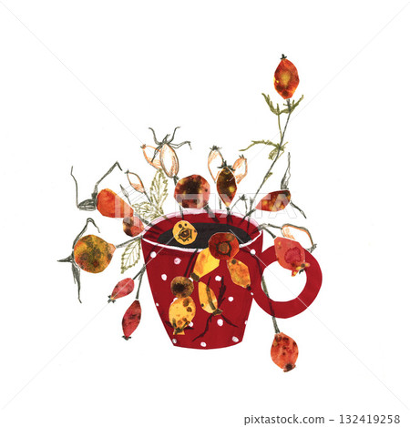 Handmade paper collage of rose hips in a red vintage cup 132419258
