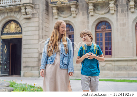 Mother and her teenage son visiting Chapultepec Castle in Mexico City, enjoying sightseeing and family travel. Cultural heritage and tourism concept Mother and her teenage son visiting Chapultepec Castle in Mexico City, enjoying sightseeing and family travel. Cultural heritage and tourism concept 132419259