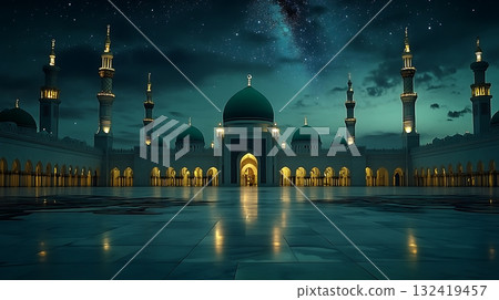 Sacred Mosque Glows Beneath Starry Night and Turquoise Sky 132419457