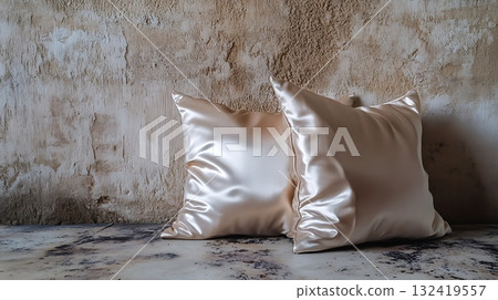 Luxurious Satin Pillows Against Weathered Concrete WallImage 132419557