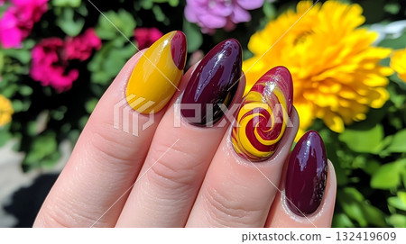 Autumn Swirl Manicure: Burgundy and Yellow Nail Art Design Autumn Swirl Manicure: Burgundy and Yellow Nail Art Design 132419609