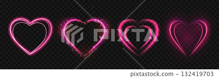 Red glowing hearts. Pink neon luminous love 3D y2k symbols with sparks, abstract wedding, Valentines and Mother Day light hearts for romantic invitation card. Vector isolated set Red glowing hearts. Pink neon luminous love 3D y2k symbols with sparks, abstract wedding, Valentines and Mother Day light hearts for romantic invitation card. Vector isolated set 132419703