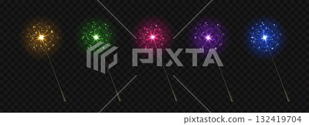 Magic wands. Magician wizard spell staff with glittering glow, fantasy fairy miracle stick with color sparkles. Abracadabra sorcery fairytale effect. Vector isolated 3D realistic set Magic wands. Magician wizard spell staff with glittering glow, fantasy fairy miracle stick with color sparkles. Abracadabra sorcery fairytale effect. Vector isolated 3D realistic set 132419704