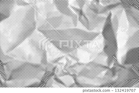 Halftone crumpled paper. Old newspaper pattern, grunge grain comic overlay. Vintage dotted crinkled background, wrinkled gritty material for manga collage. Vector texture 132419707