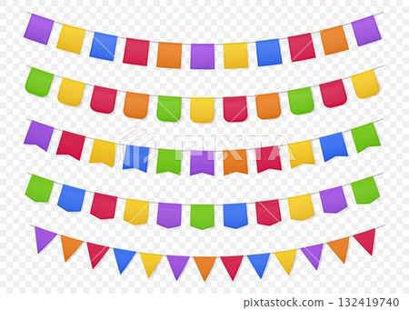 Color bunting flags. Birthday party carnival paper banner garland. 3D realistic festive kids holiday decoration, decorative vintage border. Vector festoon isolated mockup Color bunting flags. Birthday party carnival paper banner garland. 3D realistic festive kids holiday decoration, decorative vintage border. Vector festoon isolated mockup 132419740