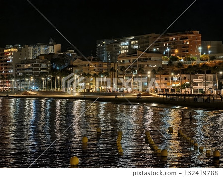 evening coastal scene, palms and lights at sunset, palmlined walkway with glowing cafes and harbor evening coastal scene, palms and lights at sunset, palmlined walkway with glowing cafes and harbor 132419788