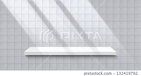 Bathroom wall with shelf. White tiled wall with 3D realistic product podium. Toilet or kitchen empty interior for presentation. Ceramic mosaic texture with shadow. Vector mockup 132419792