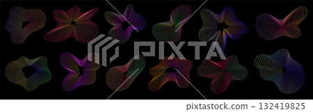 Amorphous shapes. Abstract neon dynamic shape, 3d line wave pattern, radial technology ripple texture. Music pulse color fluid gradient. Digital sound flow visual effect. Vector set Amorphous shapes. Abstract neon dynamic shape, 3d line wave pattern, radial technology ripple texture. Music pulse color fluid gradient. Digital sound flow visual effect. Vector set 132419825