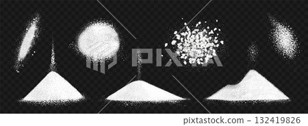 Sugar heap. Salt sea powder pile top view, realistic white crystal sand, falling flour grains, baking soda flake bulk, salty spice. Snow hill. Vector isolated on transparent background Sugar heap. Salt sea powder pile top view, realistic white crystal sand, falling flour grains, baking soda flake bulk, salty spice. Snow hill. Vector isolated on transparent background 132419826
