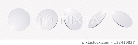 Glass circles. Transparent realistic round lenses with glossy mirror reflection in different angles. Clean glass plates, optical elements. 3D disks vector isolated set 132419827