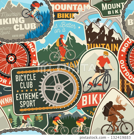 Set of Mountain biking seamless pattern or background with patch, sticker. Vector illustration. Concept for shirt or logo, print, stamp or tee. Wallpaper design with man riding bike and mountain Set of Mountain biking seamless pattern or background with patch, sticker. Vector illustration. Concept for shirt or logo, print, stamp or tee. Wallpaper design with man riding bike and mountain 132419883
