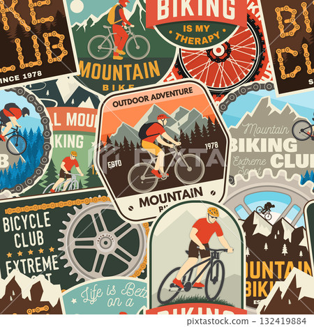 Set of Mountain biking seamless pattern or background with patch, sticker. Vector illustration. Concept for shirt or logo, print, stamp or tee. Wallpaper design with man riding bike and mountain Set of Mountain biking seamless pattern or background with patch, sticker. Vector illustration. Concept for shirt or logo, print, stamp or tee. Wallpaper design with man riding bike and mountain 132419884