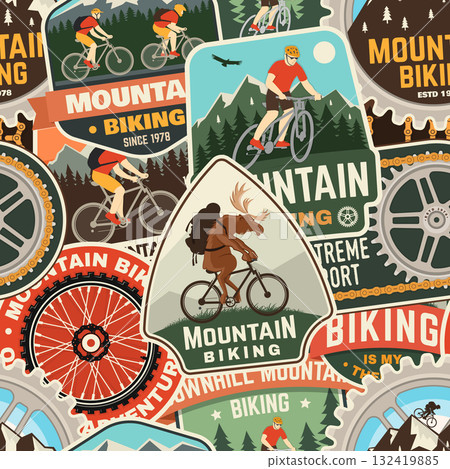 Set of Mountain biking seamless pattern or background with patch, sticker. Vector illustration. Concept for shirt or logo, print, stamp or tee. Wallpaper design with man riding bike and mountain Set of Mountain biking seamless pattern or background with patch, sticker. Vector illustration. Concept for shirt or logo, print, stamp or tee. Wallpaper design with man riding bike and mountain 132419885