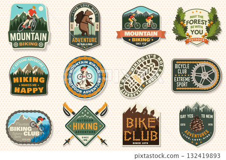Set of hiking outdoor adventure and mountain biking patch, sticker. Vector illustration. Concept for shirt or logo, print, stamp or tee. Vintage typography design with man riding bike and mountain Set of hiking outdoor adventure and mountain biking patch, sticker. Vector illustration. Concept for shirt or logo, print, stamp or tee. Vintage typography design with man riding bike and mountain 132419893