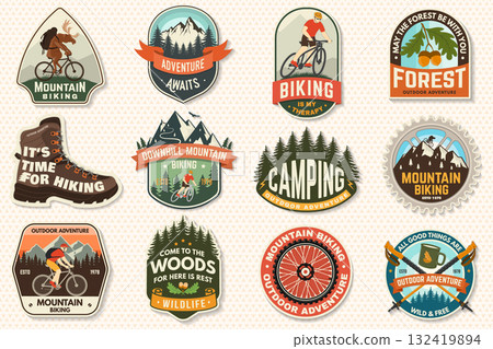 Set of hiking outdoor adventure and mountain biking patch, sticker. Vector illustration. Concept for shirt or logo, print, stamp or tee. Vintage typography design with man riding bike and mountain Set of hiking outdoor adventure and mountain biking patch, sticker. Vector illustration. Concept for shirt or logo, print, stamp or tee. Vintage typography design with man riding bike and mountain 132419894