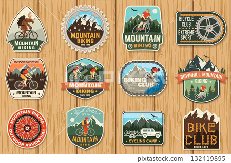 Set of Mountain biking patch, sticker. Vector illustration. Concept for shirt or logo, print, stamp or tee. Vintage typography design with man riding bike and mountain silhouette. 132419895