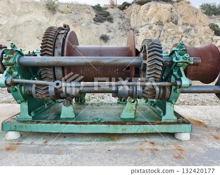 detailed view of rusted marine gear parts, closeup of corroded marine gear shafts with wear signs detailed view of rusted marine gear parts, closeup of corroded marine gear shafts with wear signs 132420177