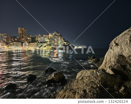night cityscape vibes, cinematic coastal scene featuring illuminated skyline and textured rocks night cityscape vibes, cinematic coastal scene featuring illuminated skyline and textured rocks 132420224