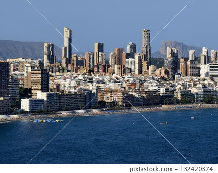 skyscrapers along sandy beaches, lively beachfront area featuring highrise buildings and leisure skyscrapers along sandy beaches, lively beachfront area featuring highrise buildings and leisure 132420374