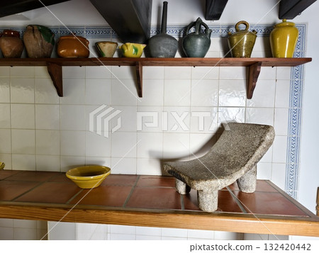 rustic kitchen scene, vintage artisan culinary setting, heritageinspired kitchen with handcrafted rustic kitchen scene, vintage artisan culinary setting, heritageinspired kitchen with handcrafted 132420442