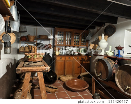 rustic kitchen scene, traditional artisan kitchen setting, vintage artisan pantry with wooden rustic kitchen scene, traditional artisan kitchen setting, vintage artisan pantry with wooden 132420457
