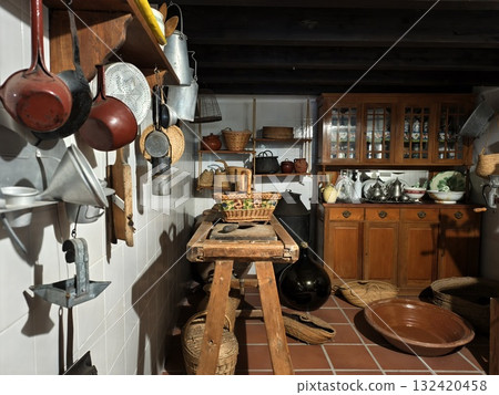 vintage kitchen decor, historical kitchen scene featuring wellworn tools and weathered finishes vintage kitchen decor, historical kitchen scene featuring wellworn tools and weathered finishes 132420458