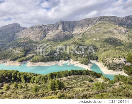sunny shoreline view, bright coast with sandy coves, sunlit beach curving along pinecovered slopes sunny shoreline view, bright coast with sandy coves, sunlit beach curving along pinecovered slopes 132420464